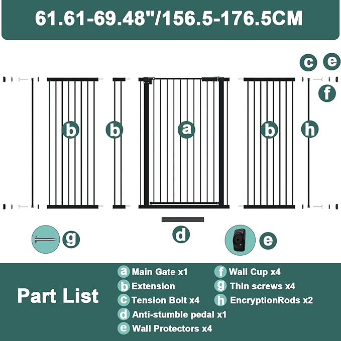 40.55" Tall, 61.61-69.48 Inch Wide, 1.37" Ultra Narrow Spacing Dog Pet Baby Gate Indoor for Doorway Hallway, Pressure Mounted 62 63 64 65 66 67 68 69 Inches Wide Black
