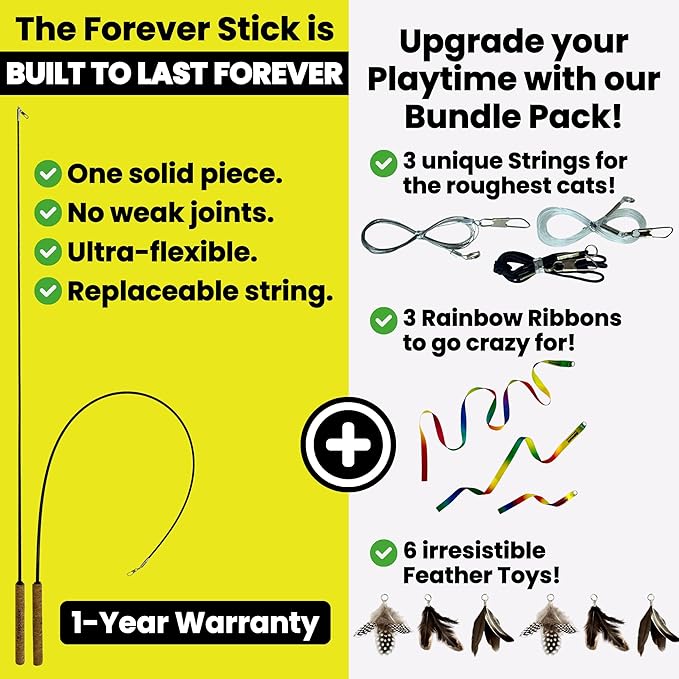 Forever Stick Cat Toys Pack Bundle - The Unbreakable Cat Wand Toy with Extra Cat Wand Strings, Rainbow Ribbons and 6 Feather Toys, Refill Toys Bundle Pack, Replacement Lures Attachment Toys