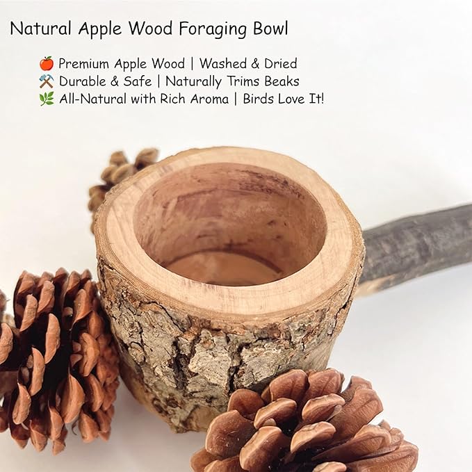 2 Pcs Bird Perch with Safe Bowl Wood & Pinecones - Bird Toys Chew Toys 100% Natural & Durable for Cockatiel, Conure, Budgie, Lovebird, Parakeet - Birdcage Accessory for Foraging & Oral Health