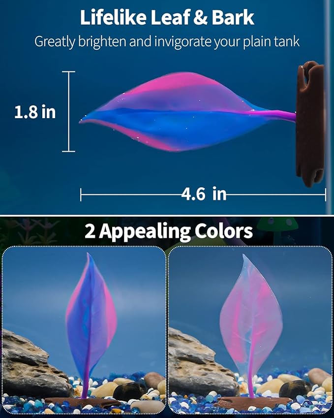 Uniclife Betta Leaf Hammock Soft Aquarium Rest Bed Fish Breeding Playing Pad with Suction Cup and Lifelike Bark Ornament Colorful Silicone Decoration for Fish Tank Landscape, 2 Pack