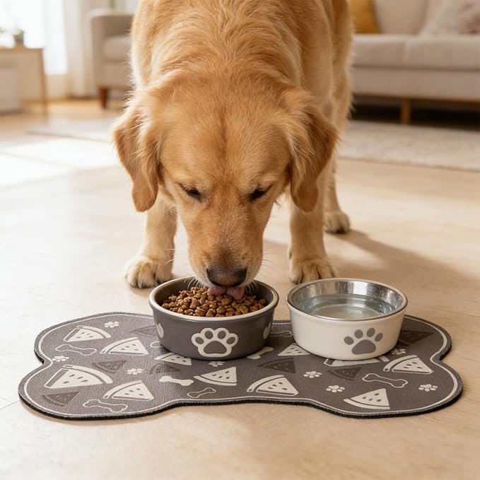 Dog Food Mat, 0.15” Thickened Super Absorbent Pet Feeding Mat for Food and Water, Fruit Donut Pattern Cat Placemat, Quick Dry Non-Slip Dog Bowl Mat, Water Splash Proof（Medium Watermelon Grey）