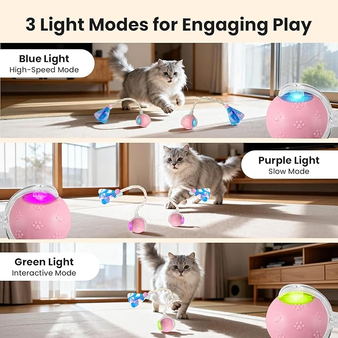Rocfish Durable Interactive Cat Toys for Indoor Cats, Smart Automatic Cat Chase Ball Toy, Upgraded Speedy Tail Kitten Toy for Bored Indoor Adult Pets (New Pink)