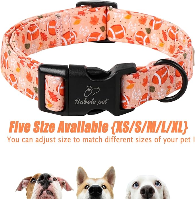 Fall Dog Collar, Cute Football Pattern Puppy Collar, Orange Adjustable Cotton Holiday Tanksgiving Dog Collars for Small Medium Large Boy&Girl Dogs XL
