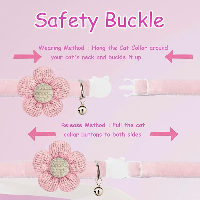 Breakaway Cat Collars with Bells, MUZIEBA Kitten Collar for Girl Boy Adjustable Safety Kitty Collars for Cats Puppy and Small Pets (Pink + White)