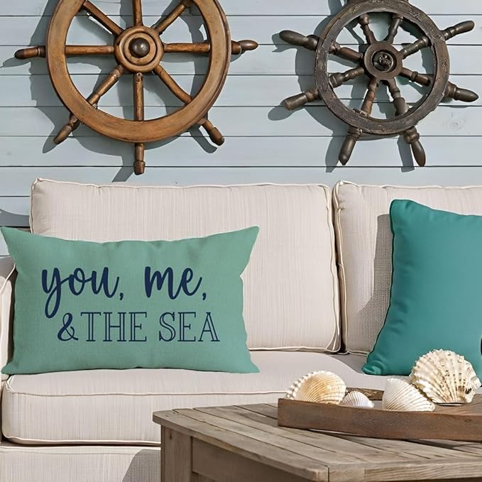PANDICORN Summer Beach Throw Pillow Cover 12x20 Inch Blue Words You Me and The Sea Ocean Sea Coastal Aqua Outdoor Decorations Lumbar Decorative Cushion Case for Sofa Couch Home Living Room Decor