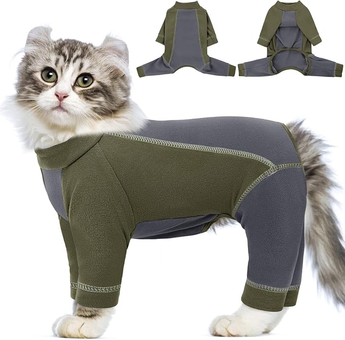 SUNFURA Hair Sticky Cat Clothes, Cat Sweater for Cats Only, 4-Legged Fleece Sweaters Kitten Pajamas Reduce Shedding Fur, Warm Pullover Shirts for Cats, Army Green L