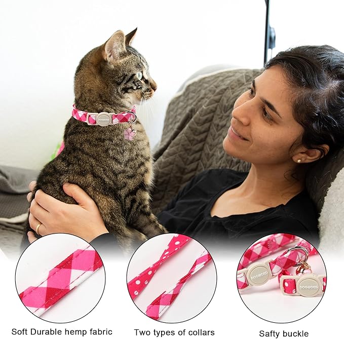 Cat Collar,2 Pack Cute Cat Collars Breakaway with Bell- Safety Buckle Pink Plaid Cat Collar for Girl Cats and Small Dogs，Adjustable 7-12 Inch,Pet Supplies Accessories