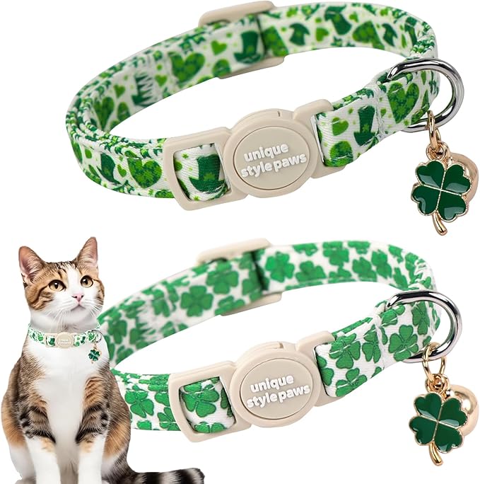 Unique style paws 2 Pack St. Patrick's Day Kitten Collar Breakaway with Bell&Pendant, Adjustable Safety Green Clover Magic Hat Cat Cotton Collar for Girl Boy Cat and Small Pet