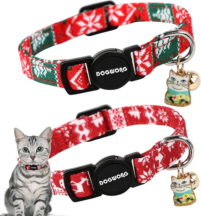 Cat Collar,2 Pack Cat Collars Breakaway with Bell, DOGWONG Safety Buckle Red Christmas Cat Collar for Girl Boy Cats and Small Dogs，Adjustable 7-12 Inch,Pet Supplies Accessories