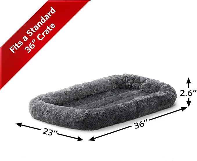 MidWest Homes for Pets QuietTime Dog Bed – Gray Faux Fur Bolster, Ultra-Soft and Machine Washable, Fits 36-Inch Crates and Carriers, for Medium to Large Breed Dogs