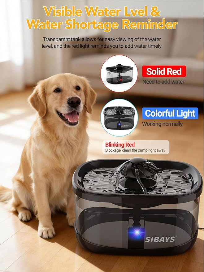 SIBAYS 9.5L/2.5Gal Dog Water Fountain, 3 Flow Modes Automatic Pet Water Fountain with LED Light & Water Shortage Reminder, Ultra Quiet Dog Water Bowl Dispenser for Large Dogs & Multi-Pet(FS82, Black)
