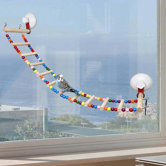 FlidRunest Suction Cup Wooden Bird Perch Stand Toy, Colorful Bird Parrot Ladder Bridge Toys for Window/Bath/Car, Climbing Ladder for Parrot, Lovebird, Parakeet, Budgie