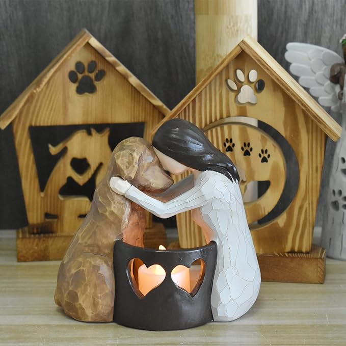 Dog Memorial Gifts，Pet Loss Gifts，Hand-Sculpted Dogs Passing Away Sympathy Gift，Remembrance Gift ，Dog Lovers Candle Holder Statue with LED Candle