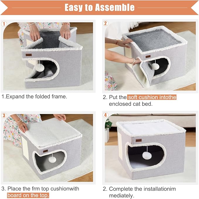 Cat Bed for Indoor Cats Cube House, Covered Cat Cave Beds & Furniture with Scratch Pad and Hideaway Tent, Cute Modern Cat Condo for Multi Small Pet Large Kitten Kitty, Large, Green