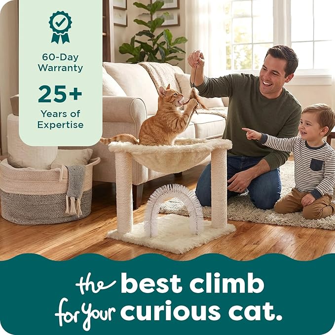 FurHaven 17.3" Tall Cat Scratching Post Tower for Indoor Cats, Sisal Cat Tree, Tiger Tough Hammock Interactive Playground, Toys & Perches for Cats, Sisal, Cream