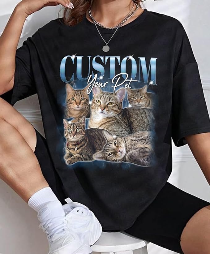 AWE-CREATIVES Custom Bootleg Shirts - Pet & Cat Vintage Washed Tees, Photo & Text Personalized
