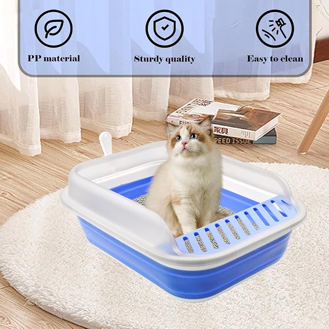 kathson Collapsible Kitten Litter Box,Foldable Anti-Splashing Small Kitty Litter Box Low Entrance Cat Potty Pan with Falling Sand Pedal Waterproof Portable Cat Toilet for Kittens (Blue)