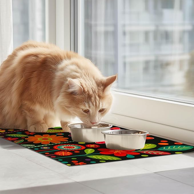 Vibrant Flower Pattern Pet Food Mat Spill-Proof Pet Feeding Mats for Food and Water Bowls Non-Slip Cats Placemat for Pet Areas Easy Clean Fast Dry Dog Water Bowl Mat 24" x 16"