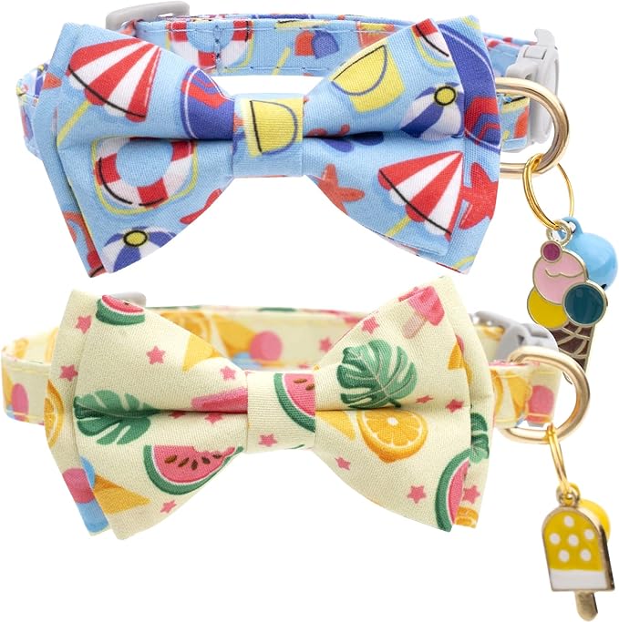 Faygarsle 2 Pack Cute Cat Collar with Bell Breakaway Bowtie for Male Female Cats Soft Fancy Blue Yellow with Ice Cream Sea Pattern Summer Cat Collar for Boy Girl Cats