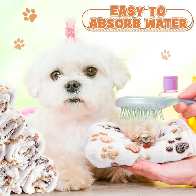 Tegeme 12 Pcs Pet Blankets Soft Fluffy Fleece Dog Cat Warm Paw Print Pattern Blankets Flannel Throw for Pets Dog Puppy Cat(23 x 16 Inch,White)