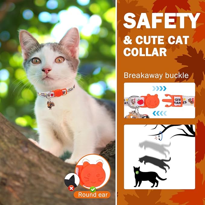SCENEREAL Fall Thanksgiving Cat Collar Breakaway Girl Boy, Safety Buckle Soft Adjustable Cats Collars with Bells for Daily Wearing, Holiday Kitten Puppy Personalised Collars for Dogs