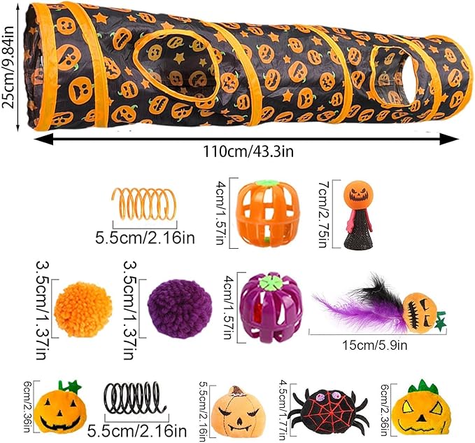 Interactive Cat Play Tunnels - Halloween Peekaboo Cat Cave with Toys, Cats Engaging Activity Center | Interactive Toy & Activity Center for Indoor Cats, Kittens, Small Animals, Playing & Stimulation