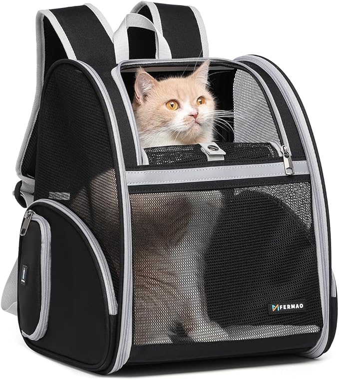 Cat Backpack Carrier for Small Dogs and Medium cat Puppy Kitten Bunny Pet Carrier Backpack Collapsible with Fully Ventilated Mesh with Safety Leash (Black, 12.9" L x 10.62" W x 15.5" H - M)