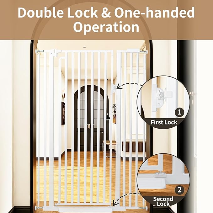 59“ Extra Tall Cat Gate for Doorway: 33.4-37.4” Wide Pet Gate, Auto Close/One Handed Open, 1.34” Extra Small Gap, No Drill Pressure Mount Tall Cat Gate for Interior Stairs/Kitchens/Hallways (White)