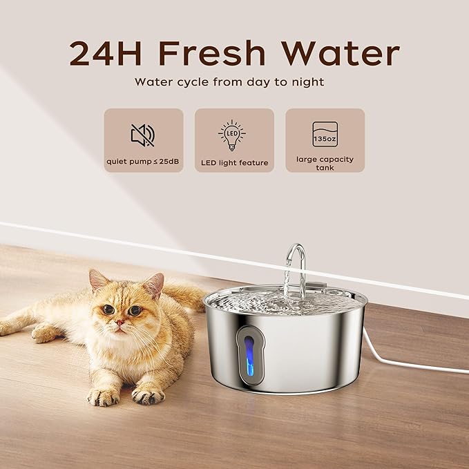 4L/135oz Large Cat Water Fountain Advanced 304 Stainless Steel with Detachable Tank, Easy to Clean, Automatic Pet Fountain Quiet Cats Water Dispenser, Dogs (135oz Large Cat Fountain)