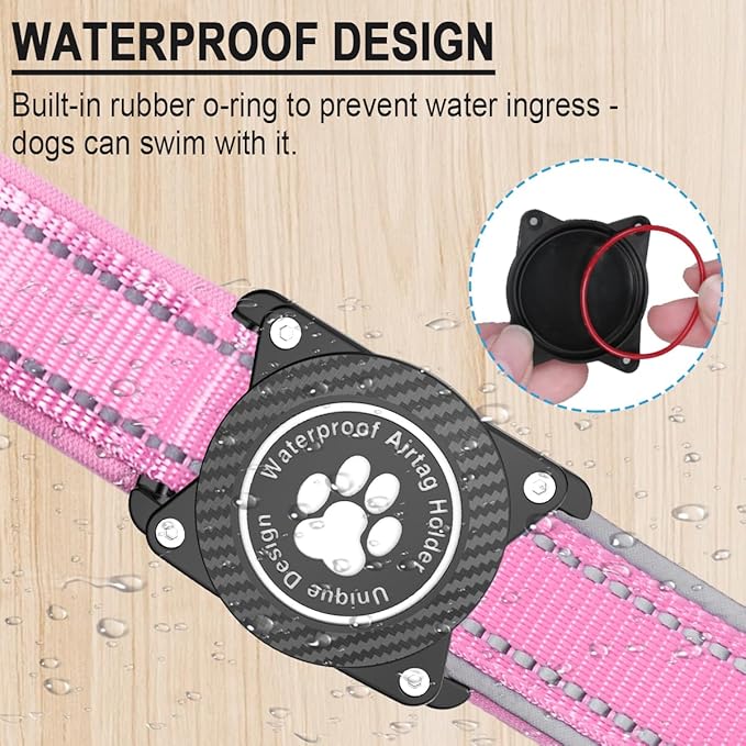 Airtag Dog Collar with Waterproof Air Tag Holder, Luminous Reflective, Soft Padded, Adjustable Nylon Pet Collar for Small Medium Large Heavy Duty Dogs,Pink, S