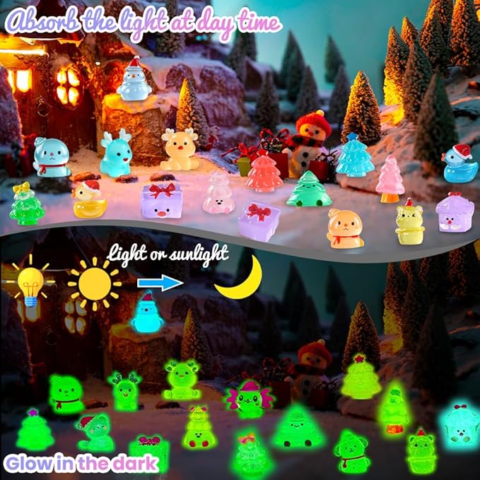 DIYDEC 40PCS Mini Christmas Luminous Figurines 40 Styles Christmas Resin Miniatures Glow in The Dark Tiny Figures to Hide Small Snowman Figures for Party Favors Bag Fillers Garden Dollhouse Decor