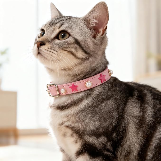 EXPAWLORER Leather Cat Collar for Girl Boy- Adjustable Pet Collar with Safety Elastic Belt,Personalized Star & Pearl Accessories Buckle Collars with Bell & Durable D-Ring,Pentagram (Pink)