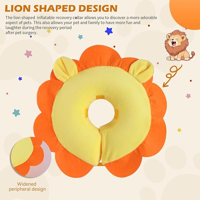 IEUUMLER Inflatable Recovery Dog Collar, Protective Donut Cone, Adjustable Soft Collar for Dog and Cat After Surgery Prevent from Biting & Scratching EU002 - Orange Lion XL