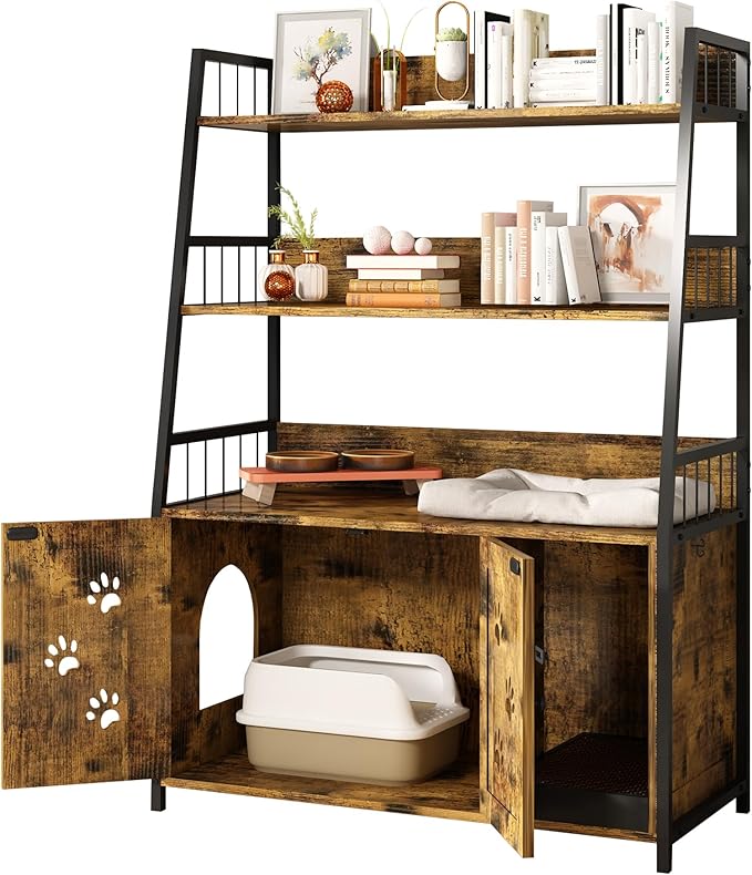 Recaceik Large Cat Litter Box Enclosure with Shelf Storage, Hidden Cat Washroom Furniture, Wooden Cat House with Scratch Pad, Sturdy Indoor Cat Cabinet with 2 Doors, Rustic Brown