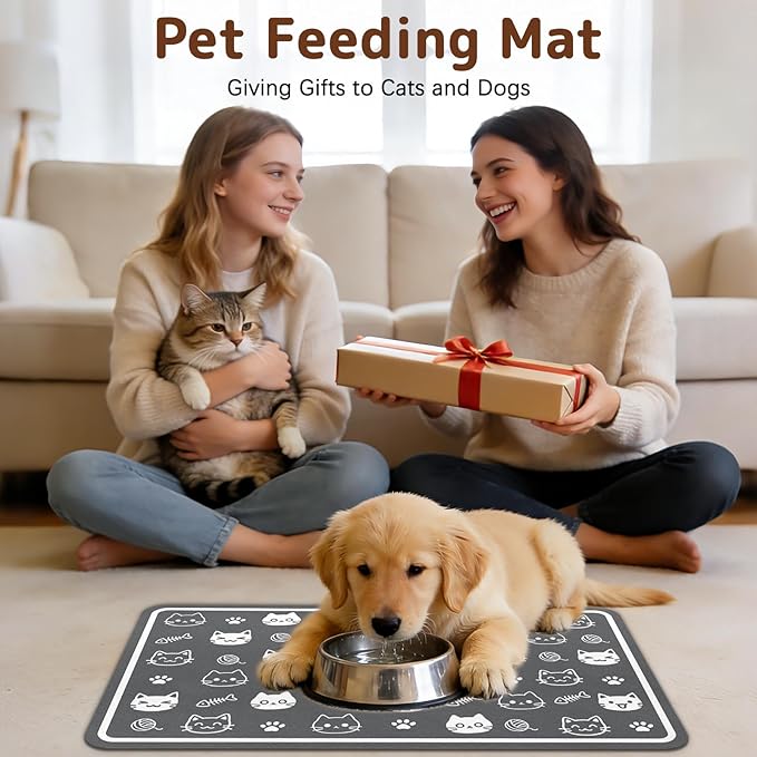 Dog Food Mat for Bowls, Absorbent Quick Dry Dog Cat Mats for Food and Water, Non-Slip Backing Pet Mat Pet Supplies - Cute Cat Pattern