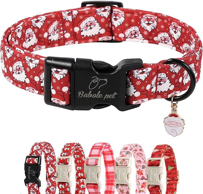 Christmas Dog Collar - Cute Red Santa Christmas Puppy Collar with Safety Buckle, Soft Adjustable Holiday Dog Collars for Small Medium Large Dogs M