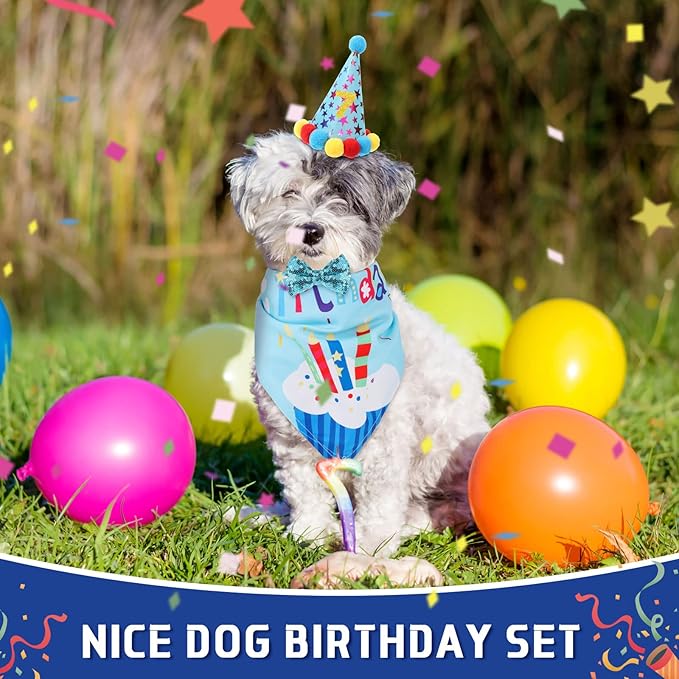 Weewooday Dog Birthday Party Supplies Birthday Boy Girl Cake Bandana Triangle Scarf Party Hat Dog Bow Tie Collar with Numbers for Large Medium Small Dog Puppy 1st Birthday(Cute Style,Medium)