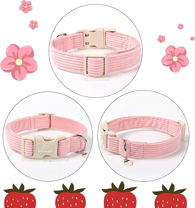 Cute Corduroy Dog Collar - Pink Adjustable Dog Collars for X-Large Dogs 80+lbs, Fade-Proof with Secure Snap & Little Charm, Christmas Birthday Gift, XL