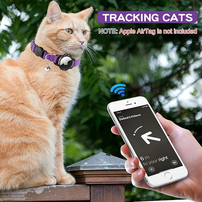 Luminous AirTag Cat Collar Breakaway, OUCWLTAG GPS Cat Collar with Apple Air Tag Holder, Cat Tracker Collars with Safety Elastic Band for Girl Boy Cats, Kittens and Puppies (Purple, 9-13 Inch)