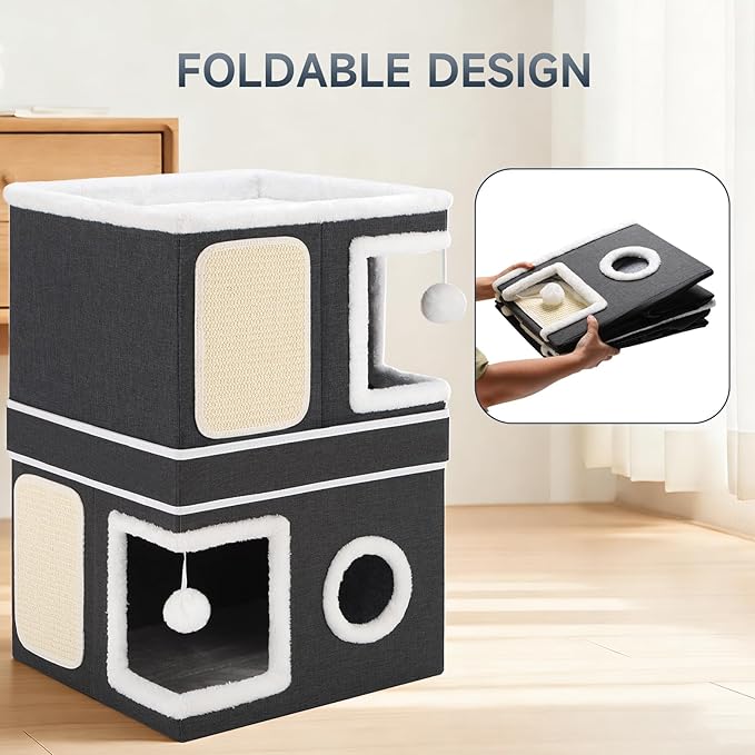 2-Storey Cat House for Indoor Cats, Separate Into 2 Large Cat Bed Cave with Hideaway Condos, Scratch Pads, Hanging Balls, Foldable Indoor Cat House, Cat Cube for Multiple Cats Kitten, Black