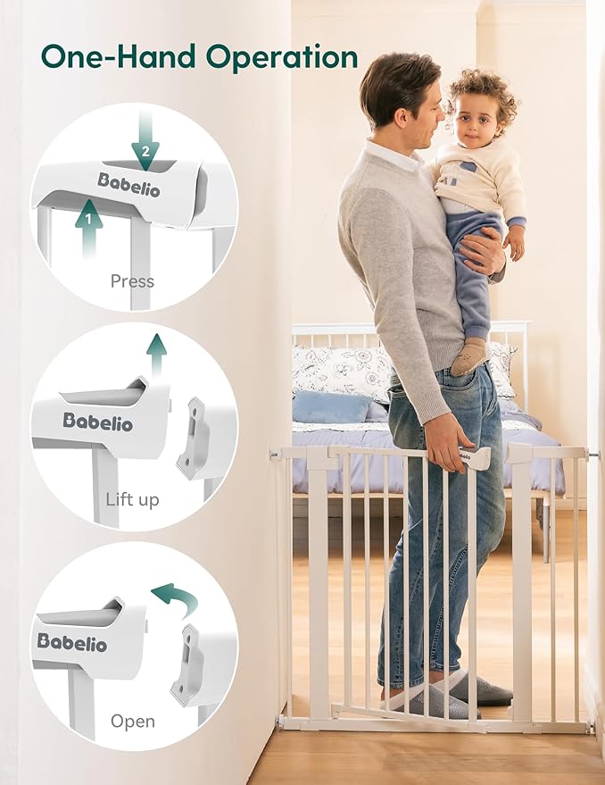 BABELIO 36" Tall Dog Gate PressGuard C5, 26-40" Wide Auto Close Baby Gate, Pressure Mounted Metal Pet Gate, Easy Install No Drilling, No Tools Needed, with Wall Protectors and Extension Kits, White