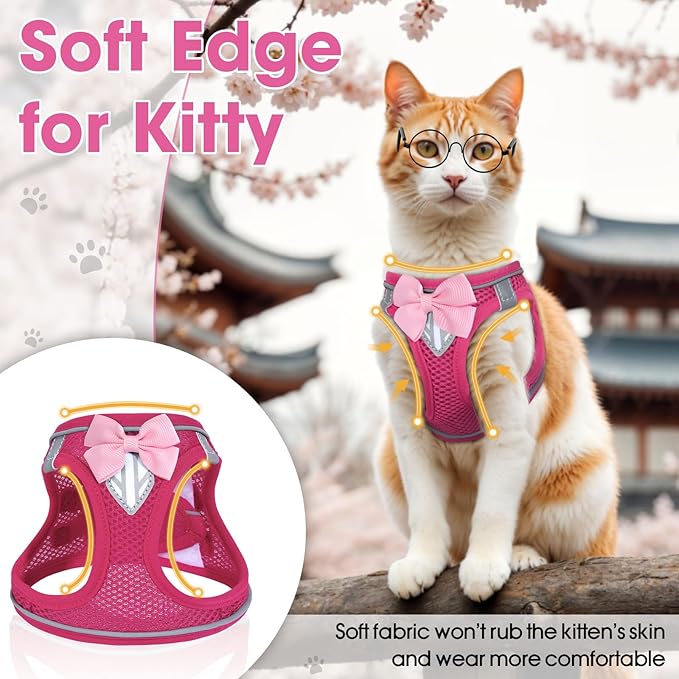 Cat Vest Harness and Leash Set for Walking Escape Proof, Adjustable Kitten Harness Breathable Mesh with Reflective Strips Harness for Kitty Puppy Bunny (Pink,S)