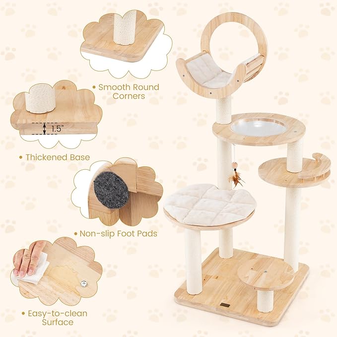 Nightcore 57” Tall Solid Wood Cat Tree for Indoor Cats, Building Block Kitten Tower w/Perch, Scratching Posts, Washable Cushions, 4 Install Options, Multi-Level Cat Activity Center Climbing Furniture