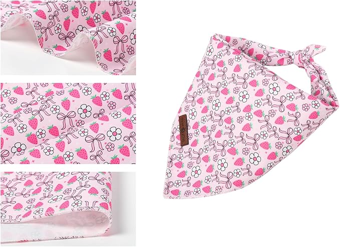 Lionet Paws Spring Strawberry Bow Dog Bandana Washable Cotton Handkerchief Scarf Triangle Pink Bandana for Small Medium Large Dogs Girl Boy