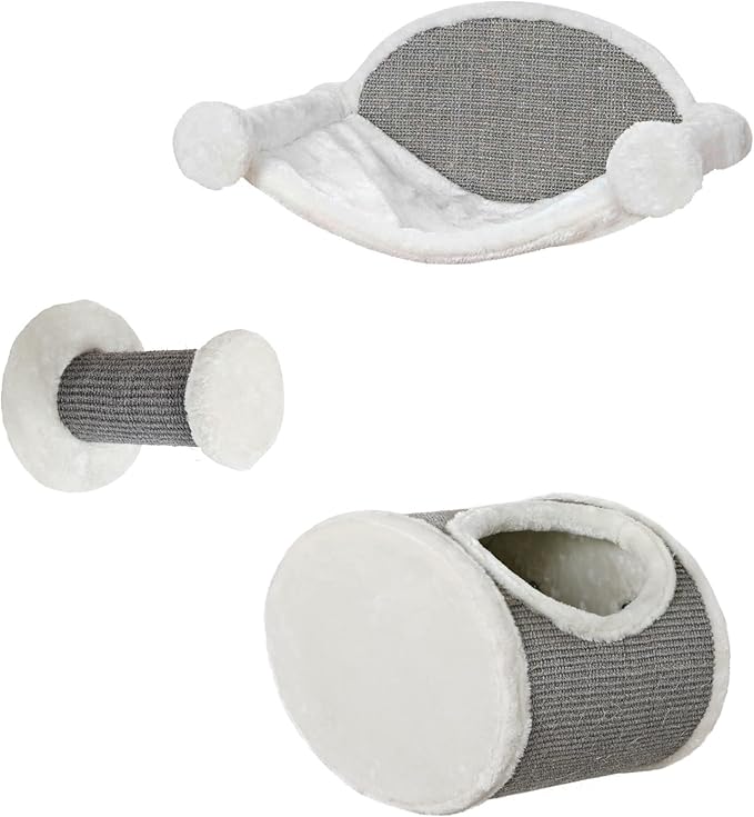 Trixie Liam Wall Mounted Cat Furniture - 3pc Cat Wall Scratcher - Climbing Shelves, Plush & Sisal Covered Condo, Hammock, and Step - Gray