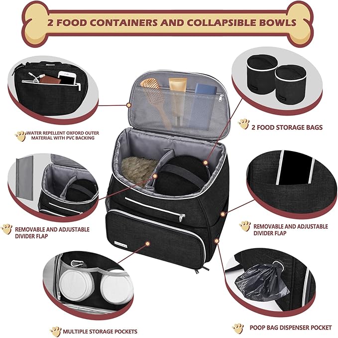BAGLHER丨Dog Travel Bag Backpack, Airline Approved Pet Supplies Backpack, Dog Travel Bag with 2 Silicone Collapsible Bowls and 2 Food Baskets, Black