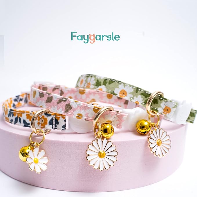 Faygarsle 3 Pack Cotton Safe Breakaway Cat Collars with Bell Daisy Charm Green Orange Pink Kitty Kitten Cute Cat Collars for Girl Cats Female Cats