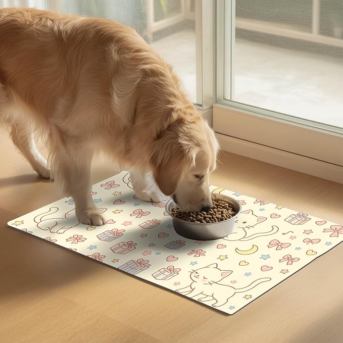Cute Cat Pet Feeding Mat Adorable Kitten Food Placemat with Gift Bow and Star Print for Dogs and Cats Sweet Non Slip Mat for Dog Cat Food and Water Bowls Home Kitchen Decoration 20" x 12"