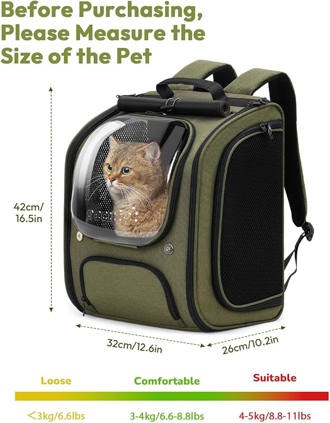 Pecute Cat Backpack Carrier, Large Space Cat Bubble Backpack, Breathable Cat Carrier, Shaded Dog Backpack Carrier, Ergonomic 3D Design for Travel, Hiking, Walk, Suitable for Shopping, Car, Vet, Green