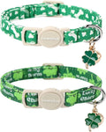 Lionet Paws 2pcs Pack St. Patrick Cotton Cat Collar,Breakaway Buckle with Clover and Bone Stick Cute Adjustable Green Cat Kitten Collar,Ideal for Girl Cats Boy Cats